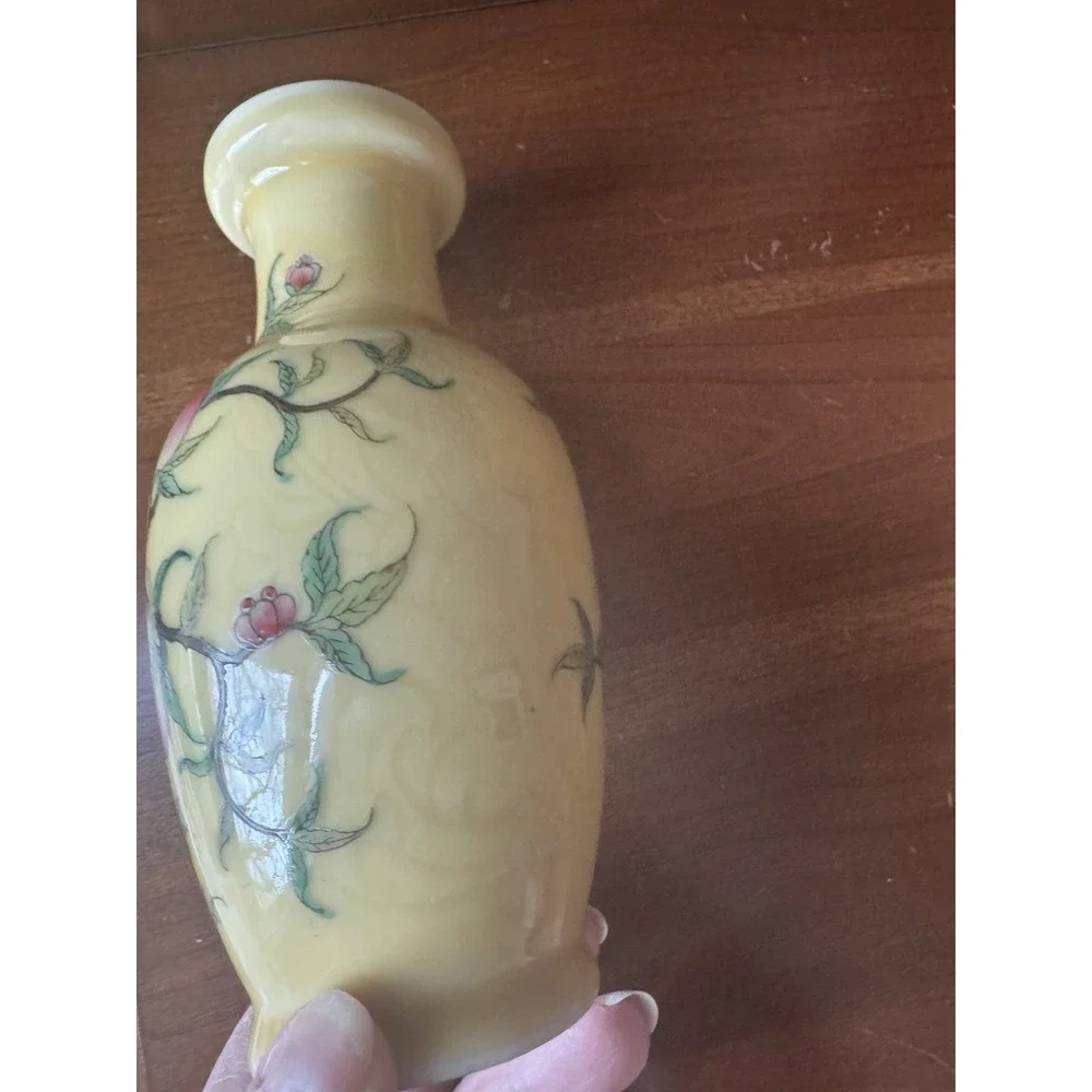 Vintage Chinese Peach Vase Hand Painted‎ Yellow Porcelain Decorated in Hong Kong
